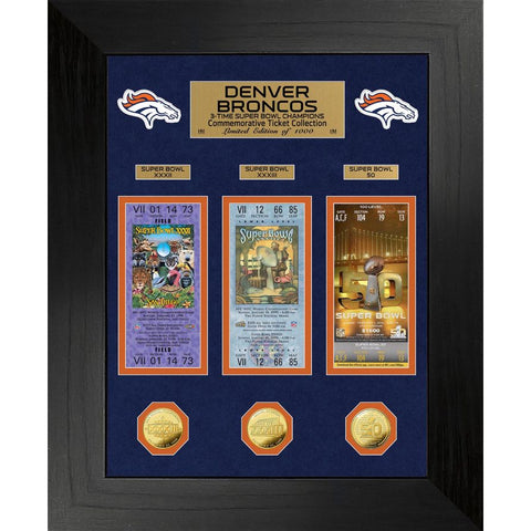 NFL Broncos 3-Time Super Bowl Champions Deluxe Gold Coin & Ticket Collection