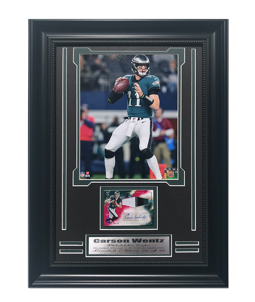 Eagles Carson Wentz Autographed Game Used Jersey Card Framed Collage.