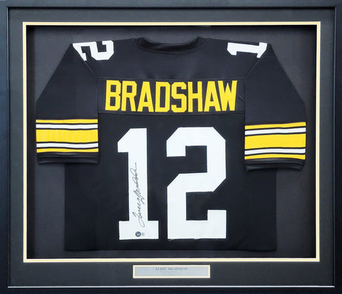 NFL STEELERS Terry Bradshaw Autographed Framed Black Jersey BECKETT AUTHENTICATED