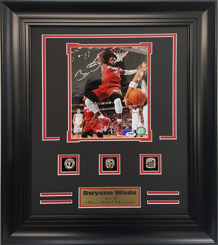 RIngs Frame-Miami Heat Dwyane Wade Autograhed 8x10 Photo With 3-Championship Rings.