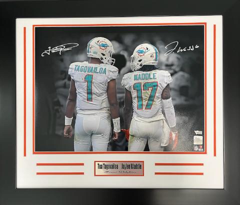 Miami Dolphins Tua Tagovailoa & Jayden Waddle Autographed 16x20 Photo Framed.
