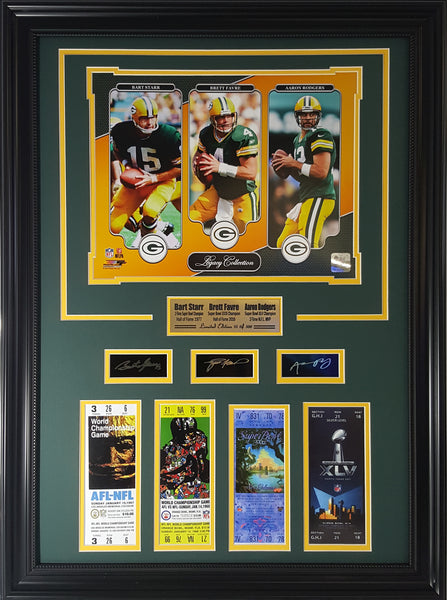 Packers- Starr, Favre & Rodgers Legacy 11x14 Photo Framed With Tickets & Engraved Signature