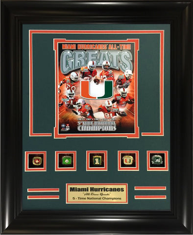 College  Miami Hurricanes 5-Time National Champions Rings Frame.