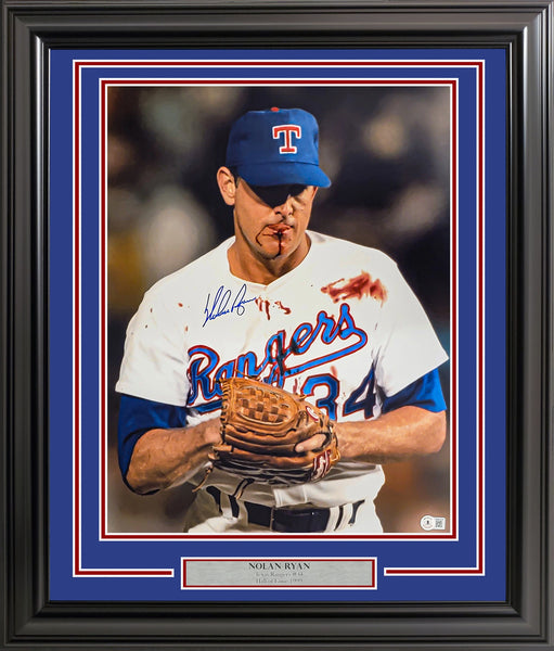 MLB RANGERS Nolan Ryan Autographed Framed 16x20 Photo Texas Rangers Bloody LIP