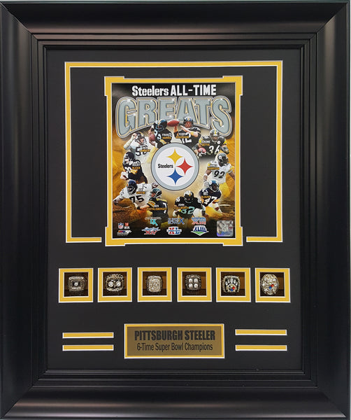 Rings Frame-Steelers 6-Time Super Bowl Champions All-Time Greats.
