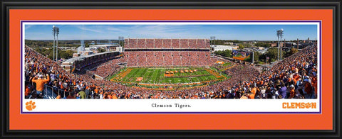 College Clemson Tigers Football Run Out Panoramic Picture Framed  - Memorial Stadium Fan Cave Decor