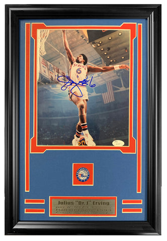 NBA Photos -76ers Dr. J. Julius Erving Autographed 8x10 Photo Double Mated and Framed