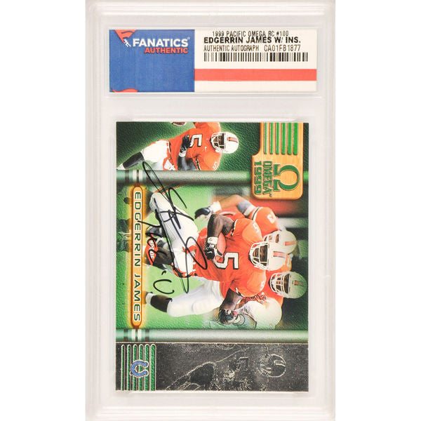 Edgerrin James Miami Hurricanes Autographed 1999 Pacific Omega Rookie #100 Card with The 'U' Inscription