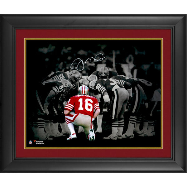 Joe Montana San Francisco 49ers Framed Autographed 16" x 20" Huddle Spotlight Photograph.